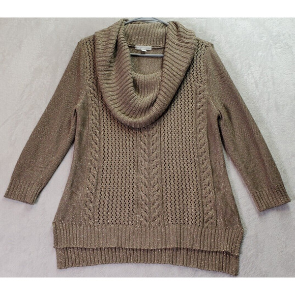 New York & Company Sweater Womens Medium Gold Metallic Cable Knit Cowl Neck Slit - Picture 1 of 9